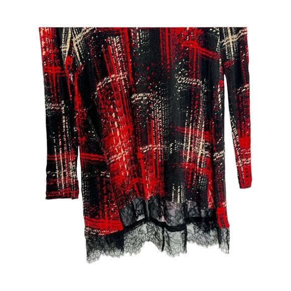 Womens Logo Black Red Plaid long sleeve Scoop Neck lace trim Tunic Dress Medium - Picture 4 of 6
